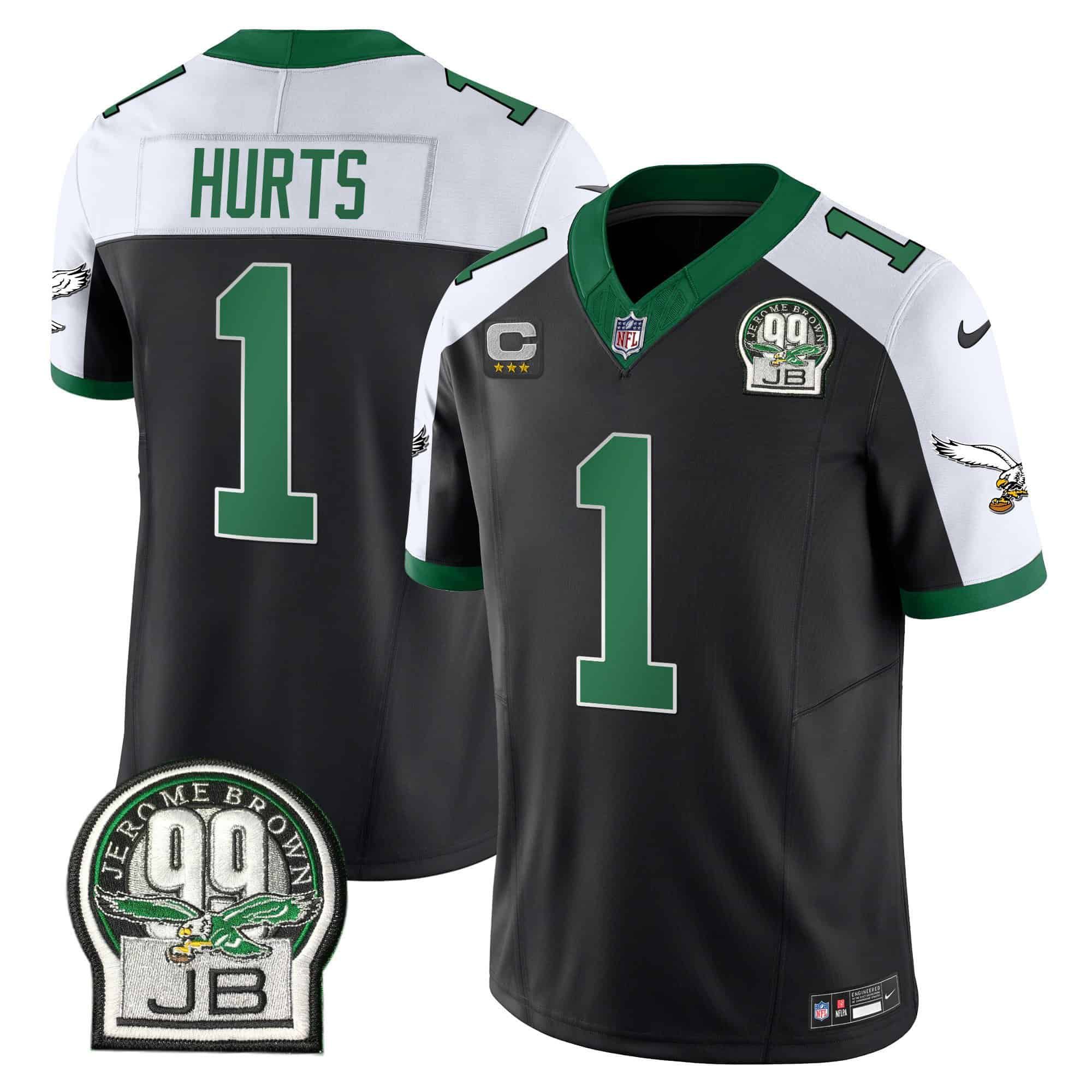 Men Philadelphia Eagles 1 Hurts Black 2024 Nike Jerome Brown Patch Alternate Limited NFL Jersey